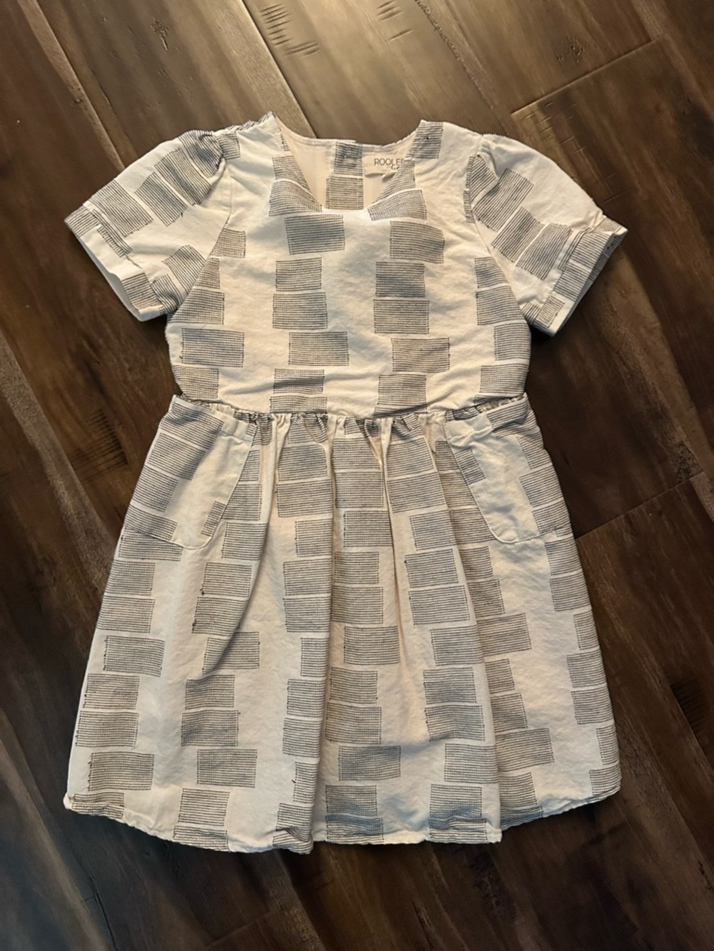 Roolee White Dress with Light Blue Geometric Print